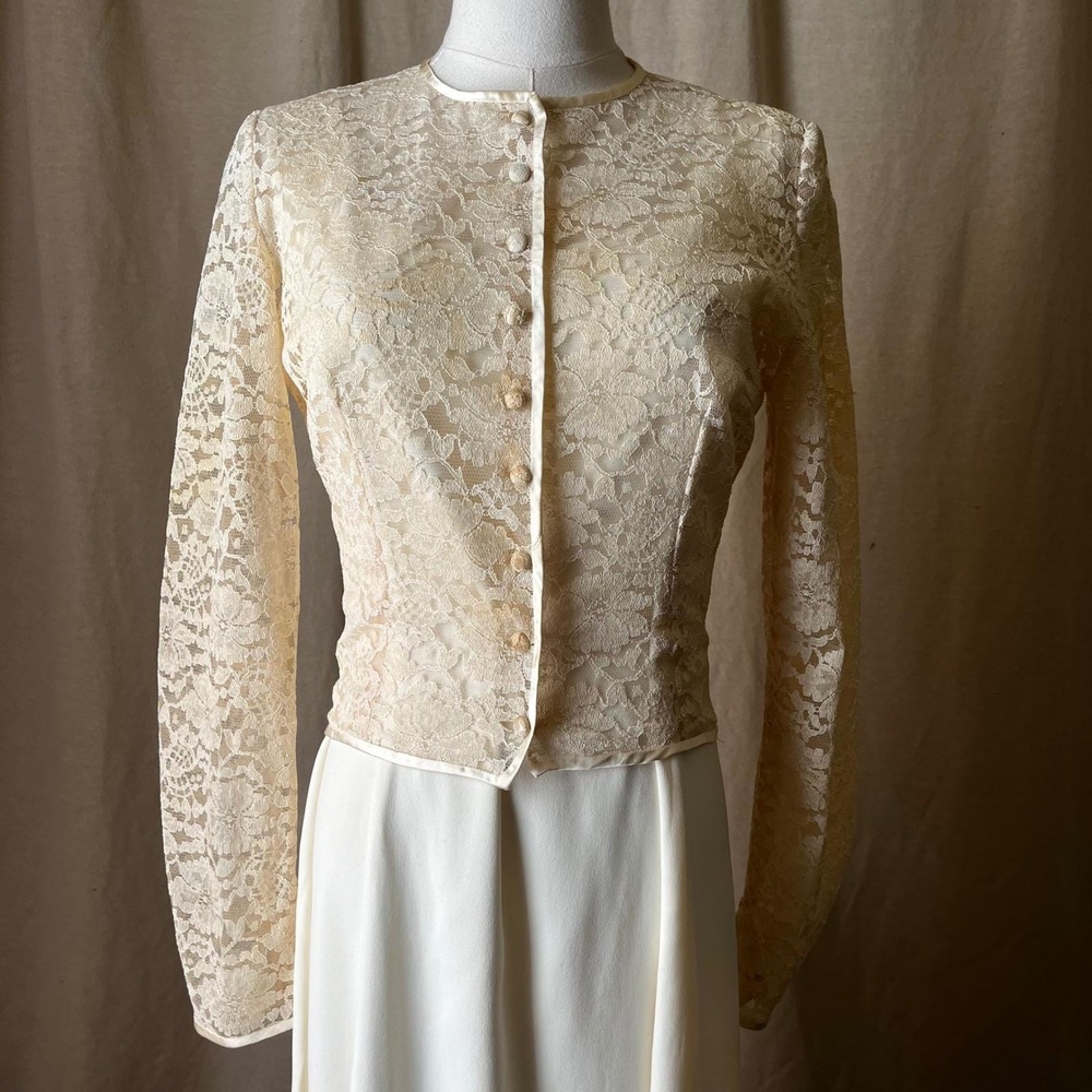 Vintage Ivory Lace Bridal Jacket Fitted Wedding Top Cropped Size S
